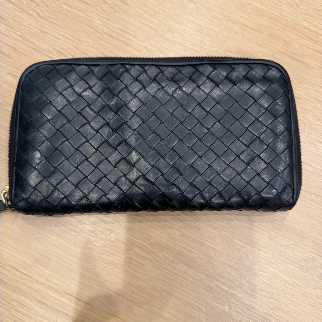 Bottega Veneta Black Woven Zip Leather Wallet